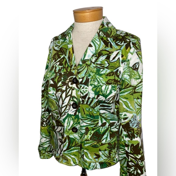 Maggie London Sz6 Green Brown Leaf Print Jacket - Picture 4 of 9